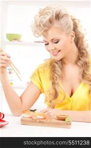 bright picture of lovely woman eating sushi