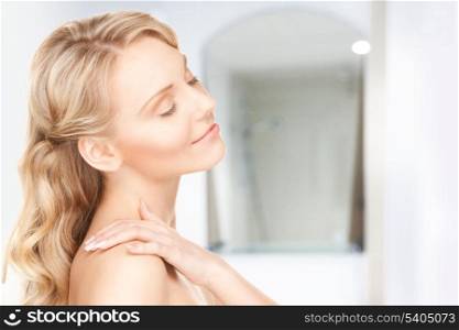 bright picture of lovely woman in bathroom