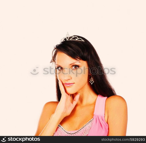 Bright picture of lovely woman in elegant princess crown on her head