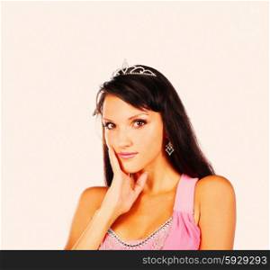Bright picture of lovely woman in elegant princess crown on her head