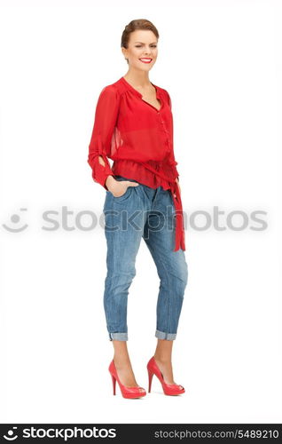 bright picture of lovely woman in red blouse and jeans