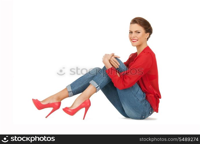 bright picture of lovely woman in red blouse and jeans