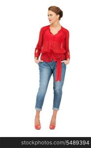 bright picture of lovely woman in red blouse and jeans