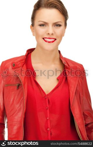 bright picture of lovely woman in red leather jacket