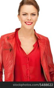 bright picture of lovely woman in red leather jacket