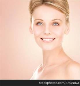 bright picture of lovely woman over beige background