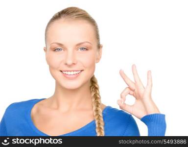 bright picture of lovely woman showing ok sign