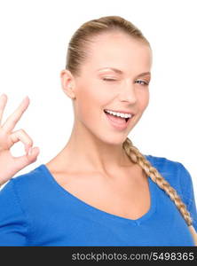 bright picture of lovely woman showing ok sign