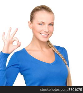 bright picture of lovely woman showing ok sign