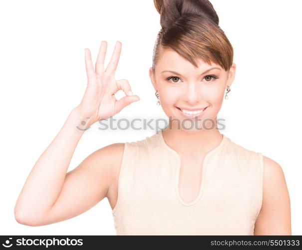 bright picture of lovely woman showing ok sign