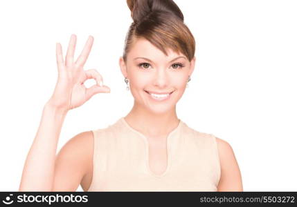 bright picture of lovely woman showing ok sign