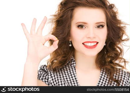 bright picture of lovely woman showing ok sign