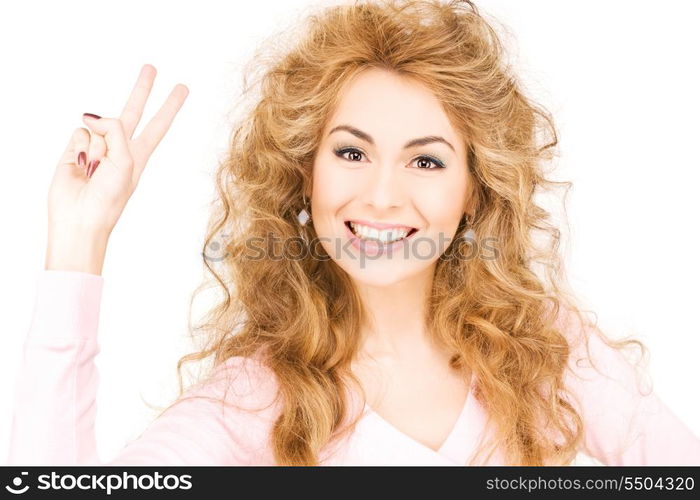 bright picture of lovely woman showing victory sign