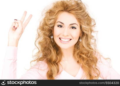 bright picture of lovely woman showing victory sign