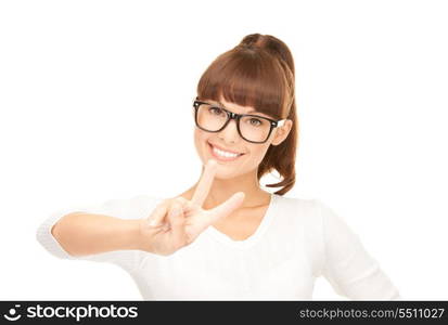 bright picture of lovely woman showing victory sign