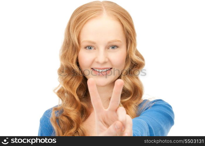 bright picture of lovely woman showing victory sign&#xA;