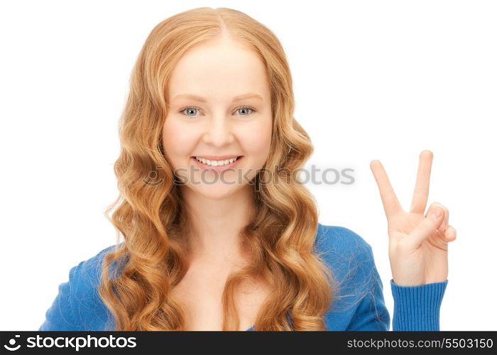 bright picture of lovely woman showing victory sign&#xA;