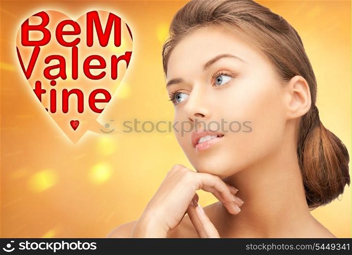 bright picture of lovely woman with be my valentine words.