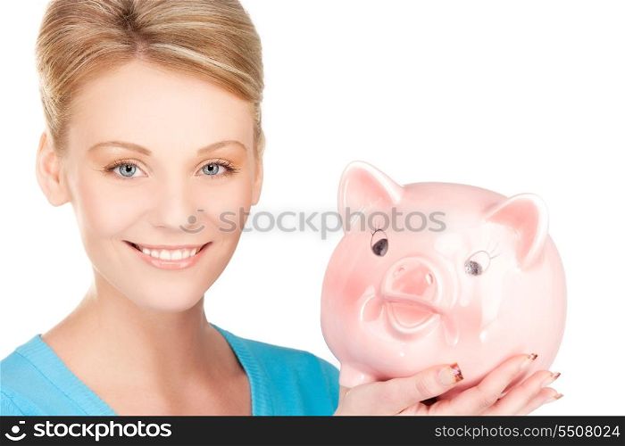 bright picture of lovely woman with piggy bank