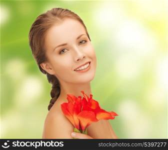 bright picture of lovely woman with red lily flower