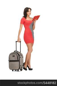 bright picture of lovely woman with suitcase and book