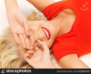 bright picture of lying pensive beautiful woman with closed eyes