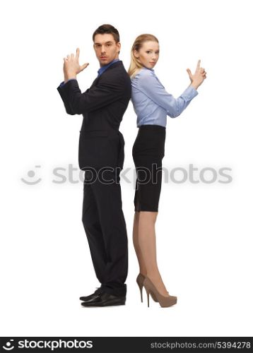 bright picture of man and woman making a gun gesture