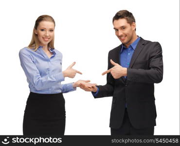 bright picture of man and woman making a gun gesture