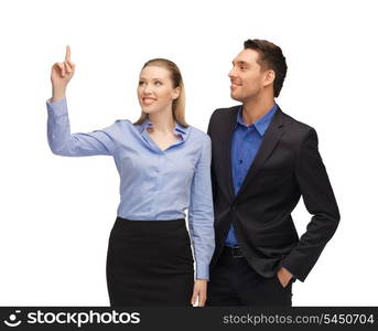 bright picture of man and woman pointing their fingers.