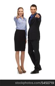 bright picture of man and woman pointing their fingers.