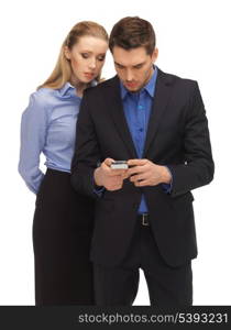 bright picture of man and woman reading sms