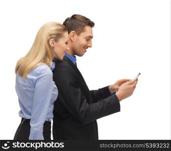 bright picture of man and woman reading sms