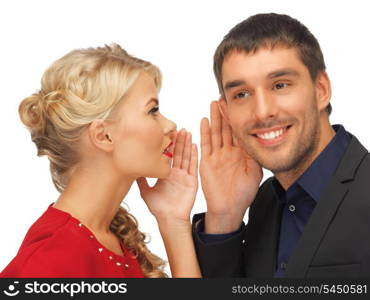 bright picture of man and woman spreading gossip (focus on man)