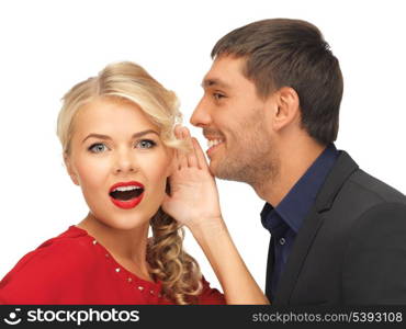 bright picture of man and woman spreading gossip (focus on woman)