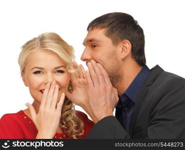 bright picture of man and woman spreading gossip (focus on woman)