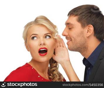 bright picture of man and woman spreading gossip (focus on woman)