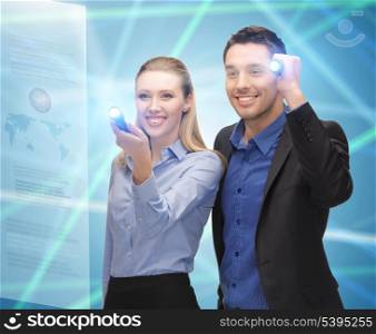 bright picture of man and woman with flashlights