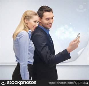 bright picture of man and woman with smartphone