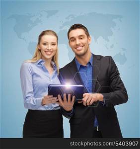 bright picture of man and woman with tablet pc and world map