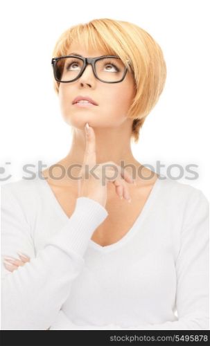 bright picture of pensive businesswoman over white&#xA;