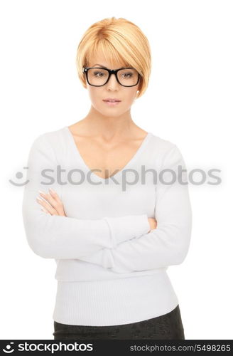 bright picture of pensive businesswoman over white&#xA;