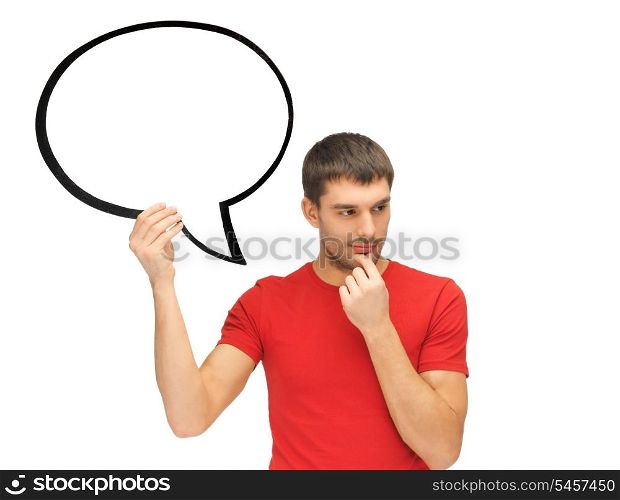 bright picture of pensive man with blank text bubble.