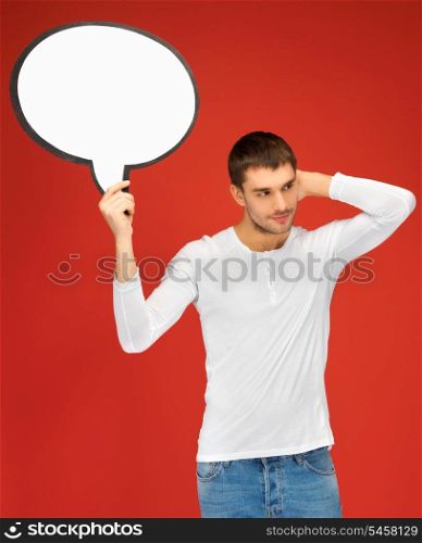 bright picture of pensive man with blank text bubble.