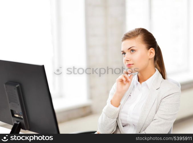 bright picture of pensive woman in office