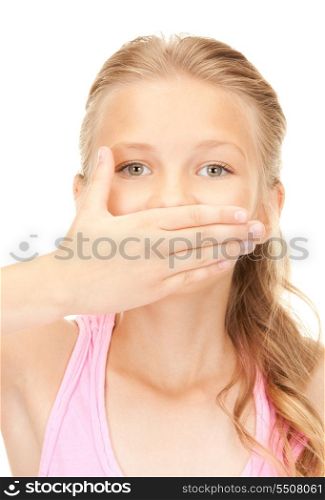 bright picture of pretty girl with hand over mouth