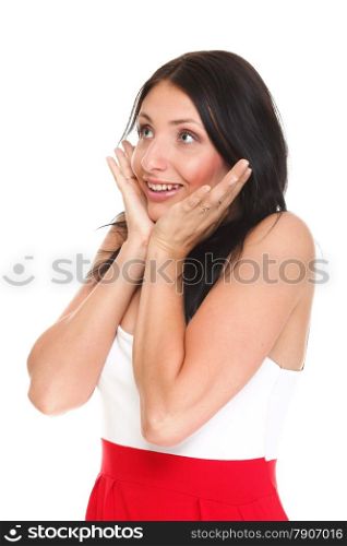 bright picture of pretty woman astonished with hands over mouth isolated white