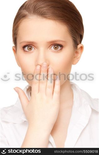 bright picture of pretty woman with hand over mouth