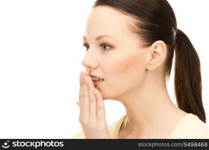 bright picture of pretty woman with hand over mouth&#xA;
