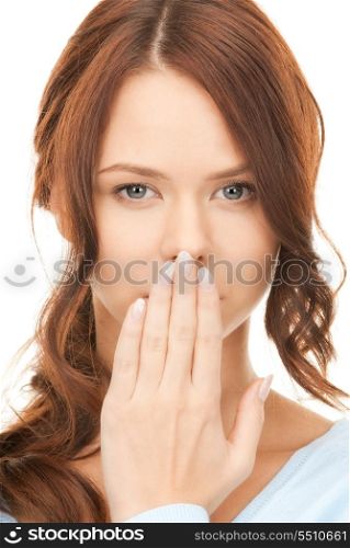 bright picture of pretty woman with hand over mouth&#xA;