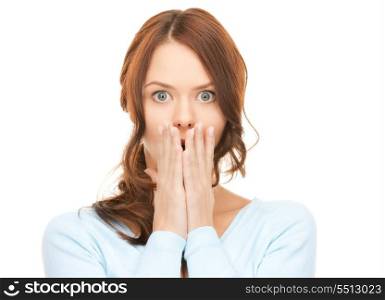 bright picture of pretty woman with hands over mouth&#xA;